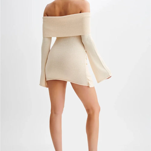 Load image into Gallery viewer, Off-shoulder Knit Mini Dress For Women Autumn Winter New Strapless Backless Long Sleeve Ruched Draped Knitted Dress

