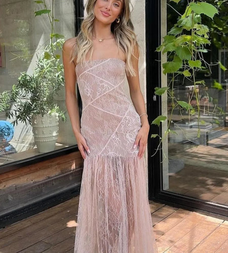 Strapless Floral Print Patchwork Lace Slit Sexy See Through Maxi Dress Summer Fashion Women Y2K Clothes Beach Vacation