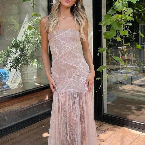 Load image into Gallery viewer, Strapless Floral Print Patchwork Lace Slit Sexy See Through Maxi Dress Summer Fashion Women Y2K Clothes Beach Vacation
