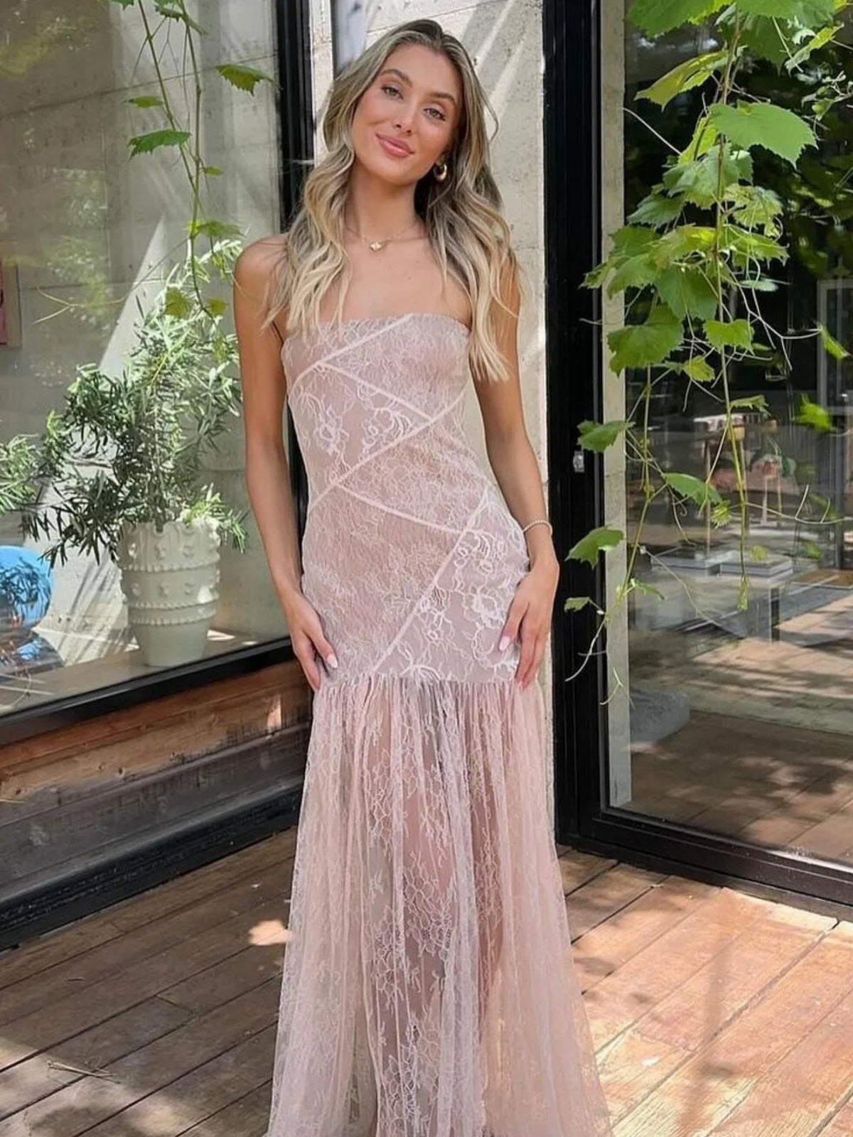 Strapless Floral Print Patchwork Lace Slit Sexy See Through Maxi Dress Summer Fashion Women Y2K Clothes Beach Vacation