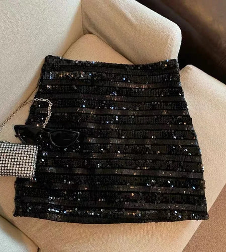 Women Black High Waist Shiny Mini Skirt White Sequins A-line Slim Skirts Y2k Silver Evening Party Skirt Sexy Club Spring Summer