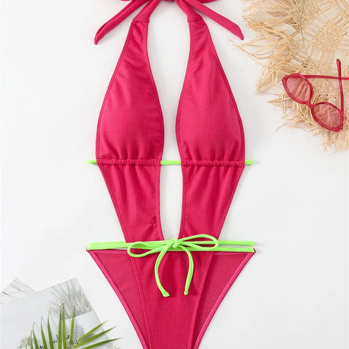 Load image into Gallery viewer, Rose Halter One Piece Swimsuit 2024 Drawstring Swimwear for Women Sexy High Cut Bathing Suit Around Bandage  Monokini
