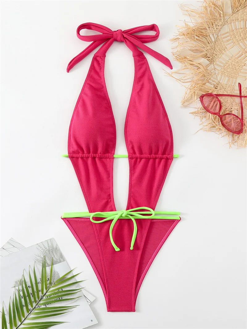 Rose Halter One Piece Swimsuit 2024 Drawstring Swimwear for Women Sexy High Cut Bathing Suit Around Bandage  Monokini