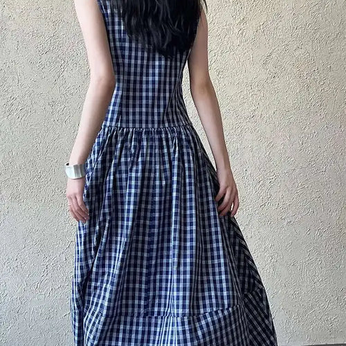 Load image into Gallery viewer, Women Dark Blue Plaid Pocket Vintage Long Elegant Vest Dress New V-Neck Sleeveless Fashion Tide Spring Summer 2025 1DJ0667
