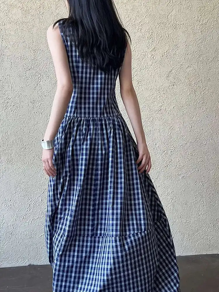 Women Dark Blue Plaid Pocket Vintage Long Elegant Vest Dress New V-Neck Sleeveless Fashion Tide Spring Summer 2025 1DJ0667