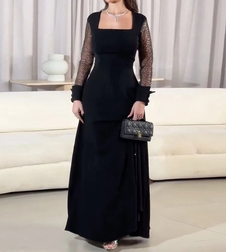 Evening Prom Maxi Dresses for Women Summer Fall Square-neck See-through Long Sleeve Banquet Cocktail Party Dresses 2025