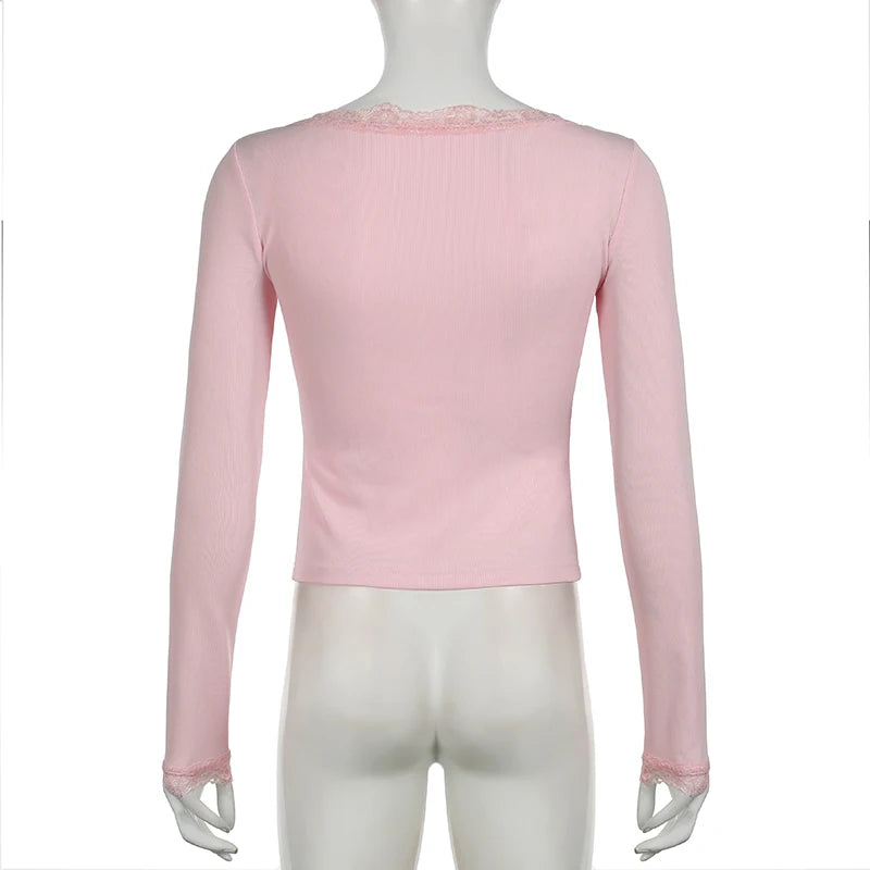 Pink Knit Square Neck Crop Top Slim Lace Spliced Autumn T-shirts Women Coquette Clothes Korean Girls Y2K Tee Sweety