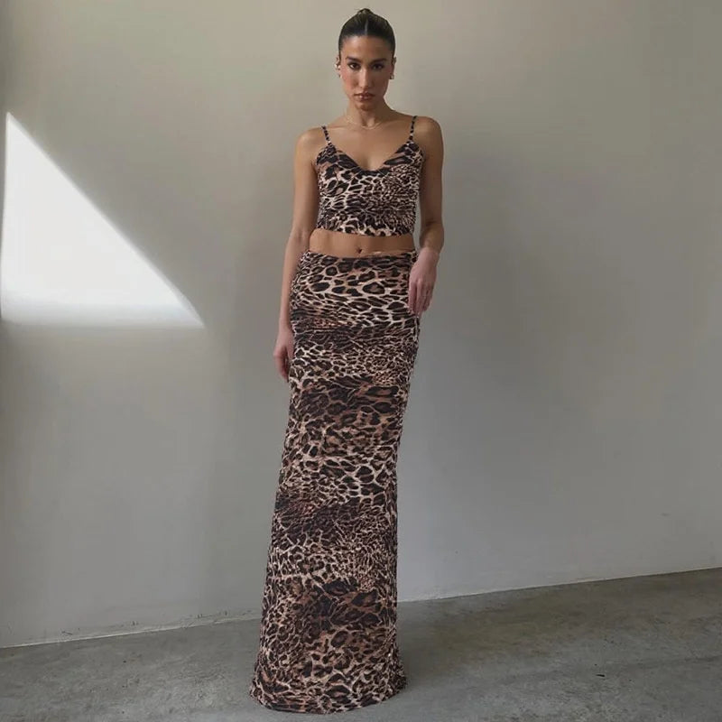 Print Sexy 2 Piece Sets Women Summer New V Neck Crop Tops And Maxi Skirt Female Elegant Club Party Slim Skirt Set