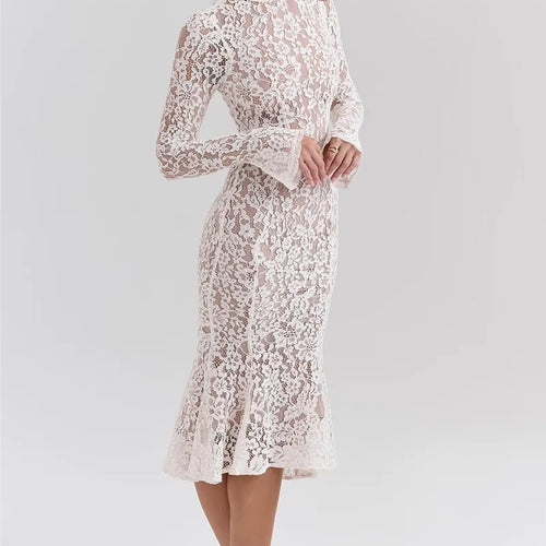 Load image into Gallery viewer, Lace Long Sleeve Sexy Midi Dress For Women Elegant White Half High Collar High Waist Bodycon Club Party Sexy Long Dress
