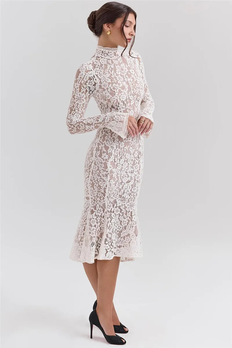 Lace Long Sleeve Sexy Midi Dress For Women Elegant White Half High Collar High Waist Bodycon Club Party Sexy Long Dress