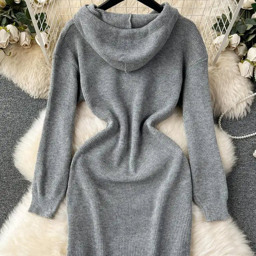 Load image into Gallery viewer, Autumn New White Slim Elegant Long Sleeve Hooded Mini Dress Women Black Elegant Slim Gray Knit Hip Wrap Dresses Popular Fashion
