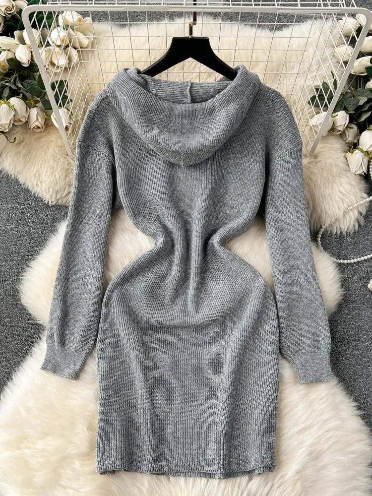 Autumn New White Slim Elegant Long Sleeve Hooded Mini Dress Women Black Elegant Slim Gray Knit Hip Wrap Dresses Popular Fashion
