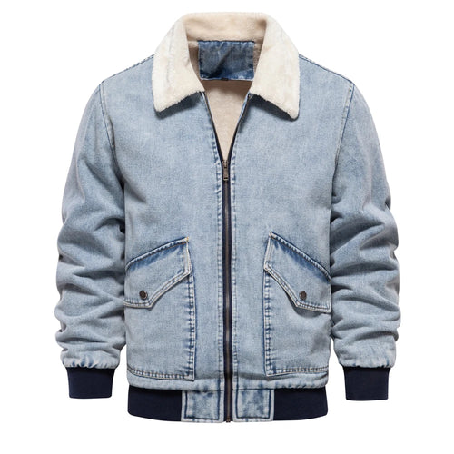 Load image into Gallery viewer, Autumn Winter Fur Collar Jacket for Men Warm Thicken Fleece Men&#39;s Jeans Jacket and Coat Casual Fashion Denim Jacket Men
