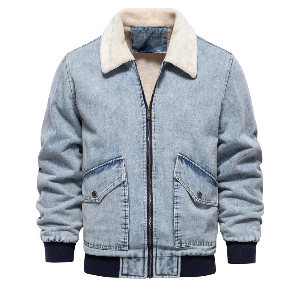 Autumn Winter Fur Collar Jacket for Men Warm Thicken Fleece Men's Jeans Jacket and Coat Casual Fashion Denim Jacket Men