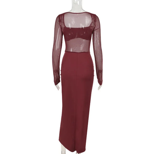 Load image into Gallery viewer, See Through Mesh Sexy Maxi Dress For Women Fashion Square Collar Long Sleeve Ruched Bodycon Club Party Long Dress
