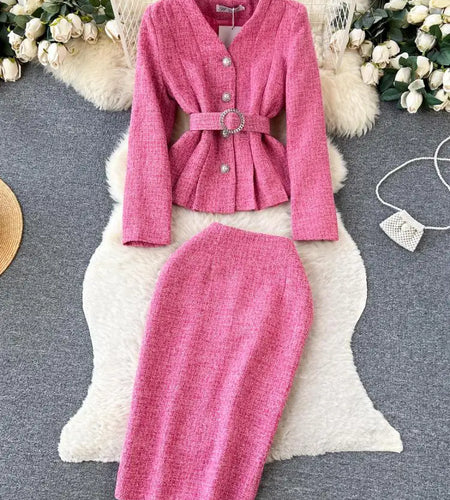 Sweet Small Fragrant Style Two Piece 2023 Pink Temperament V Neck Elegant Coat And High Waist Zipper Half Skirt Set Fashion