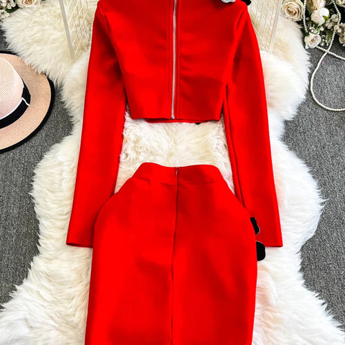 Load image into Gallery viewer, Solid Spliced Diamonds Two Piece Set For Women O Neck Long Sleeve Top High Waist Mini Skirt Slimming Sets Female
