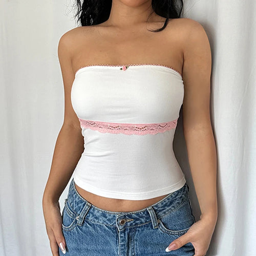 Load image into Gallery viewer, Korean Fashion Lace Trim Off Shoulder Crop Top Female Sweet Kawaii Appliques ﻿Bodycon Strapless Sexy Y2K Tops Bandeau
