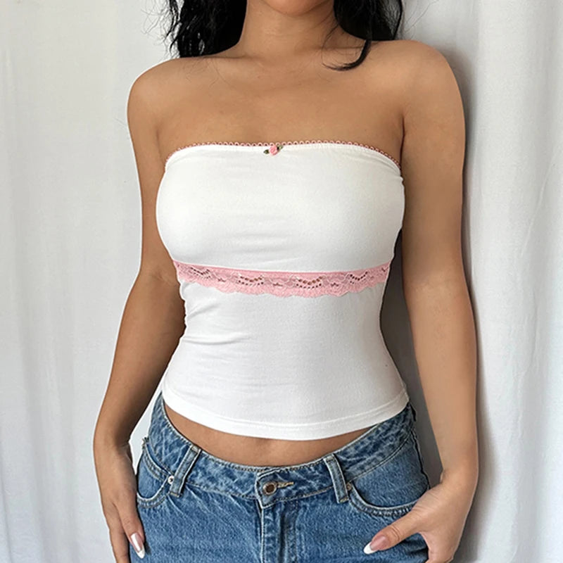 Korean Fashion Lace Trim Off Shoulder Crop Top Female Sweet Kawaii Appliques ﻿Bodycon Strapless Sexy Y2K Tops Bandeau