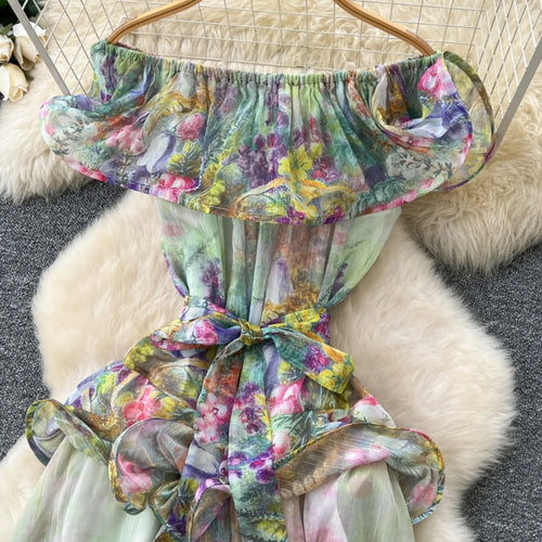 Load image into Gallery viewer, French Retro Women's Pink Green Print Elegant Off Shoulder Princess Dresses Spring Slim Lace-up Ruffles Evening Party Dress Boho
