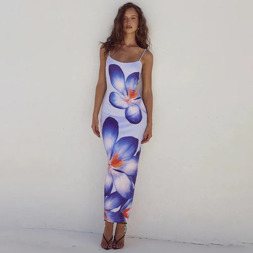 Load image into Gallery viewer, Floreal Print Long Dress For Women Gown Summer New Spaghetti Strap Sleeveless Backless Bodycon Sexy Midi Dress Elegant
