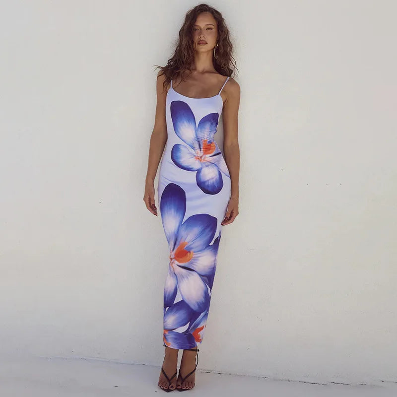 Floreal Print Long Dress For Women Gown Summer New Spaghetti Strap Sleeveless Backless Bodycon Sexy Midi Dress Elegant