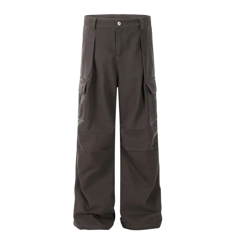 American Style Men's Cargo Pants Casual Pleated Solid Color Thickened Menswear Straight Leg Male Trousers Autumn 9C9293