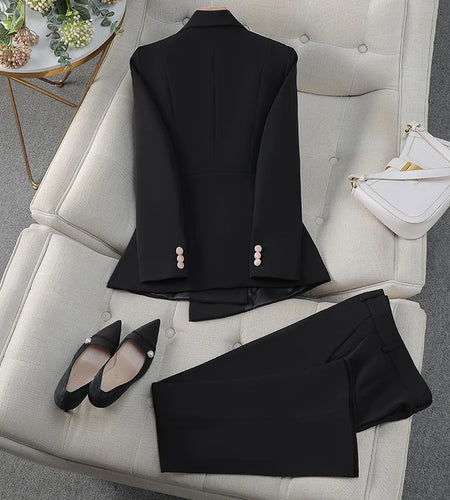 Autumn Winter 2024 Black Patchwork Elegant Blazer Tops And High Waist Ankle-length Pants Two Piece Set Office Business Clothing