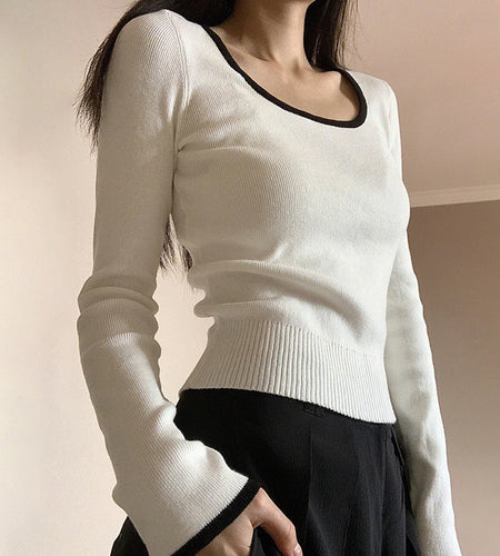 Casual White Stripe Knitted Women Pullover Autumn T shirt Slim Korean Fashion Tee Shirts Basic Contrast New Top Cute