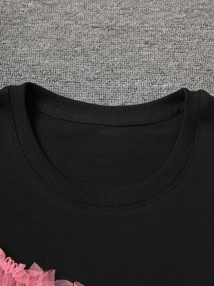 Women Balck Mesh Ruffles Irregular Big Size Mini Dress New Round Neck Long Sleeve Fashion Tide Spring Autumn 2025 CPG3045