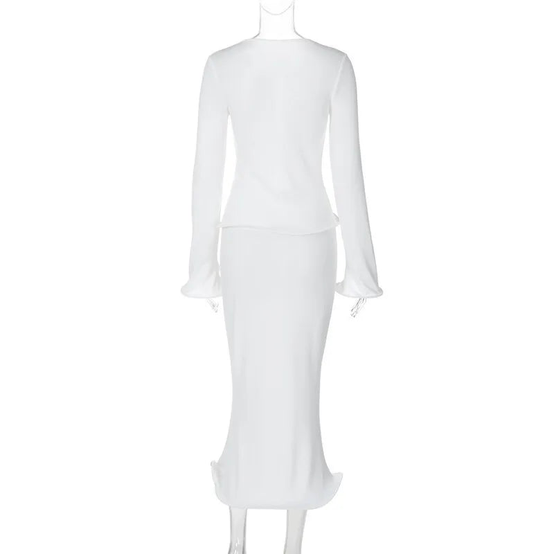 Elegant Sexy Skirt Two Piece Sets Women Autumn New V Neck Long Sleeve T-shirt And Long Skirt Matching Two Piece Sets