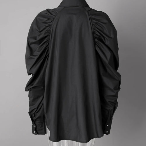 Load image into Gallery viewer, Women Black Pleated Shaped Big Size Elegant Blouse New Lapel Long Puff Sleeve Shirt Fashion Spring Autumn 2025 CPG2607
