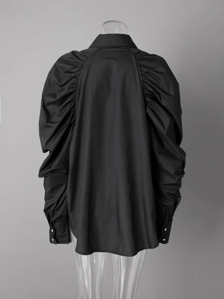 Women Black Pleated Shaped Big Size Elegant Blouse New Lapel Long Puff Sleeve Shirt Fashion Spring Autumn 2025 CPG2607