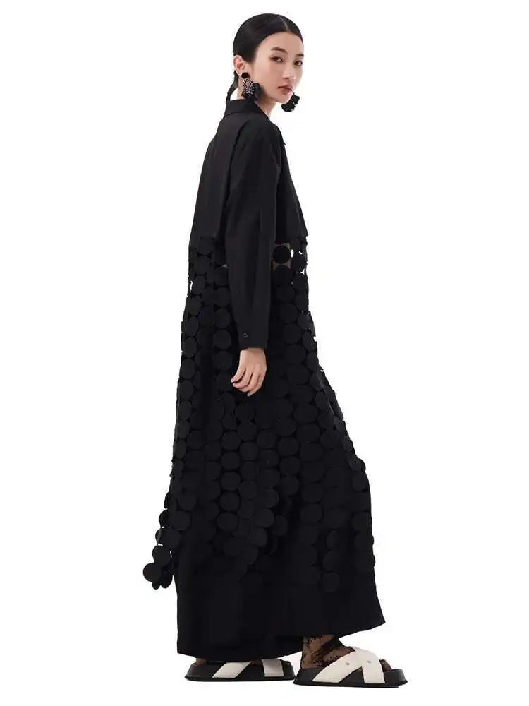 Women White Dot Tassels Hollow Out Midi Big Size Shirt Dress New Lapel Long Sleeve Fashion Tide Spring Autumn 2025 1DH9464