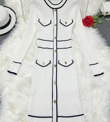 French Women Autumn Winter Patchwork Single Breasted Office Lady Sweater Dress Fashion Round Neck Festival Slim Knitting Dresses