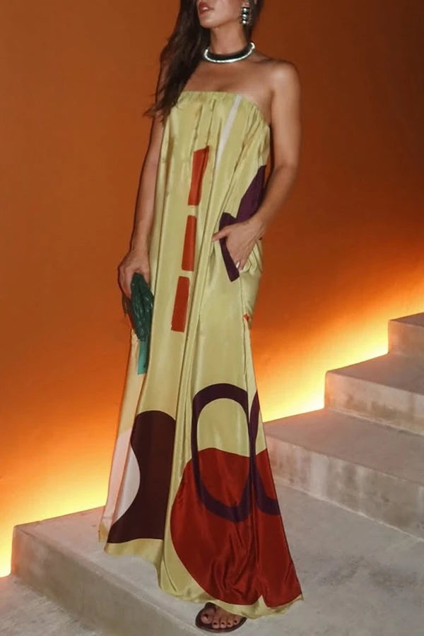 Women Vacation Beach Strapless Printed Maxi Dress Sexy Long Wedding Guest Dress Tube Cocktail Evening Dresses Woman