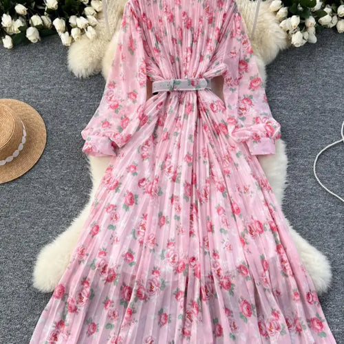Load image into Gallery viewer, French Retro Romantic Women's Flower Lantern Long Sleeved Pleated Shirt Dress Autumn Print Birthday Party Evening Dress Bohemian
