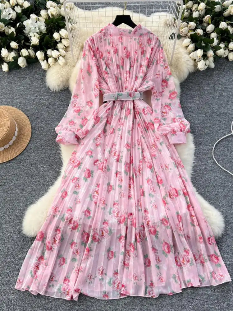 French Retro Romantic Women's Flower Lantern Long Sleeved Pleated Shirt Dress Autumn Print Birthday Party Evening Dress Bohemian