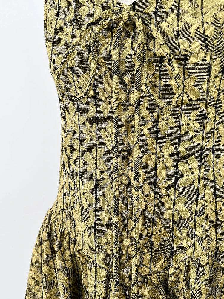 Women Green Printed Bandage Long Spaghetti Strap Dress New V-Neck Sleeveless Fashion Tide Spring Summer 2025 1DJ1311