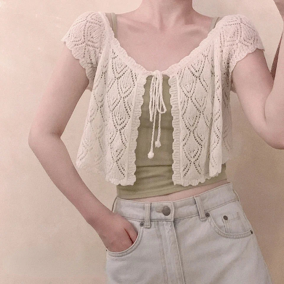 Lolita V-Neck Short Women Thin Cardigan  Sleeve Crop Top Hollow Korean Style Sun Protection Tops Summer Blusas