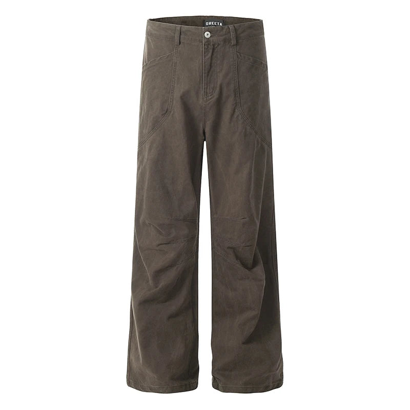 Men's Cargo Pants American Straight Wide Leg Solid Color Trendy Streetwear Simple Male Causal Loose Trousers 9W1928