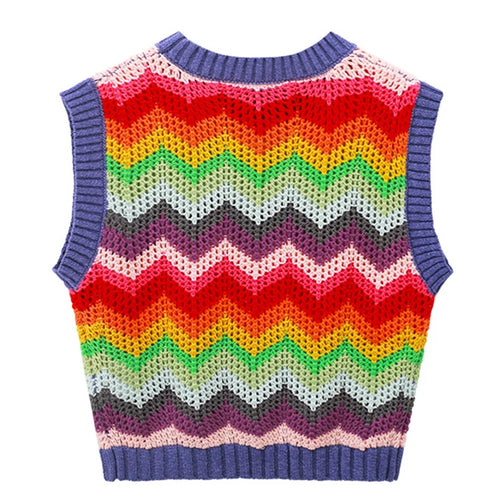 Load image into Gallery viewer, Women Fashion Rainbow Crop Knit Vest Sweater Vintage O Neck Sleeveless Female Waistcoat Chic Tops B-049
