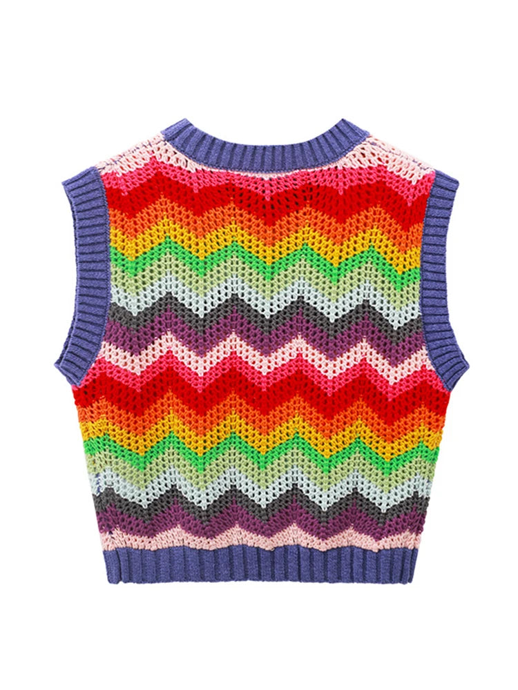 Women Fashion Rainbow Crop Knit Vest Sweater Vintage O Neck Sleeveless Female Waistcoat Chic Tops B-049