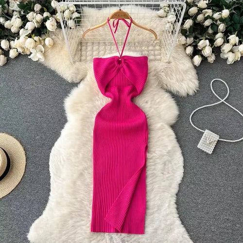 Load image into Gallery viewer, Korean Women's Solid Elegant Sexy Club Slim Wrapped Hip Halter Lace-up Split Long Dress Summer Vacation Knitted Party Dress Chic
