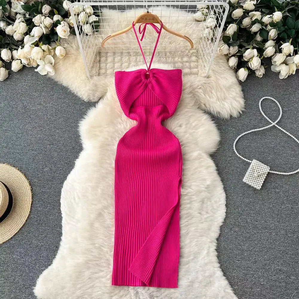 Korean Women's Solid Elegant Sexy Club Slim Wrapped Hip Halter Lace-up Split Long Dress Summer Vacation Knitted Party Dress Chic