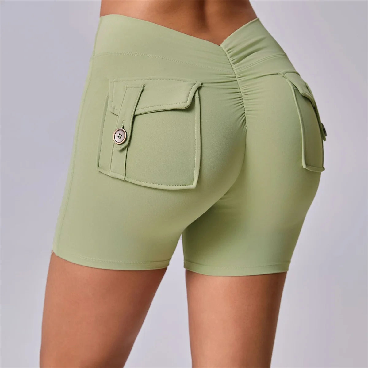 Deep V Back Yoga Shorts Women Pocket Scrunched Butt Gym Leggings High Waist Push Up Tights Sexy Booty Sports Shorts Fitness