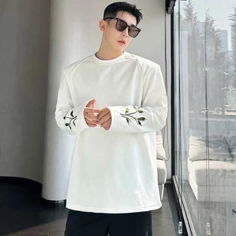 Chinese Style Men's T-shirt Chic Embroidery Contrast Color Round Neck Male Long Sleeve Tops Casual Autumn 9C4634