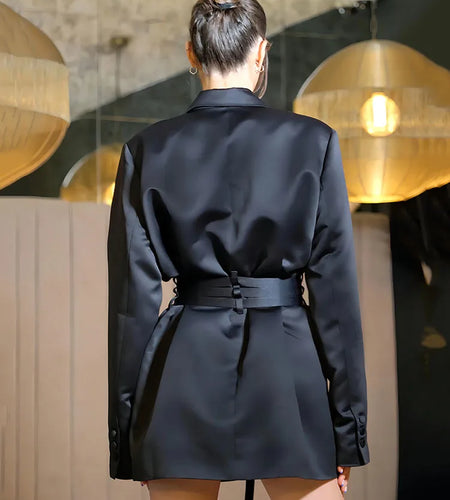 Double Layer Bandage Slim Blazer Women Long Sleeve Pocket Long Jacket Female Suit Outwear Tops Street Party 2023 Autumn