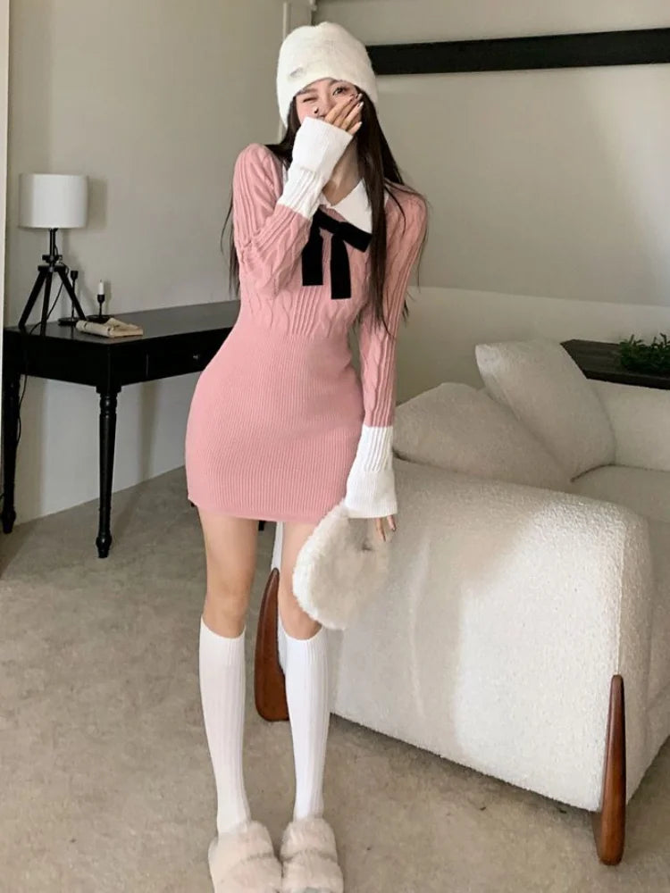 Kawaii Knit Knitted Sweater Pink Mini Dress School Student Preppy Style Japanese Cute Polo Bodycon Short Dresses