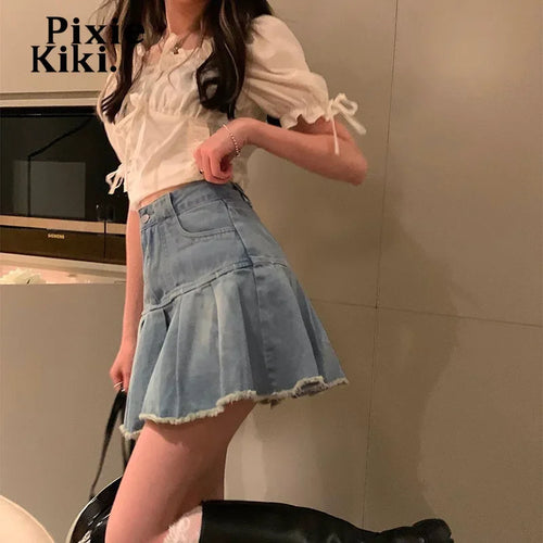 Load image into Gallery viewer, Denim High Waisted Mini Pleated Skirts Vintage Y2k 2000s Teen Girl Clothes Blue Jean Skirt P71-BI42
